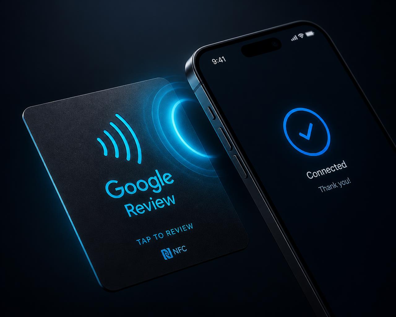 NFC tap-to-review card being tapped with a smartphone